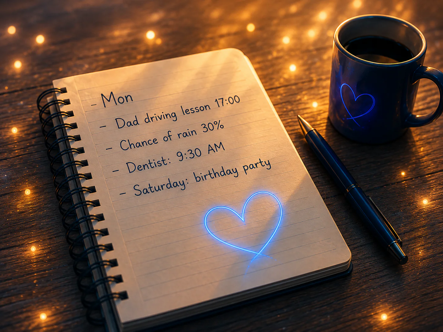 An open notebook listing times and upcoming plans, including Dad’s driving lesson, a chance of rain, a dentist appointment and a birthday party.