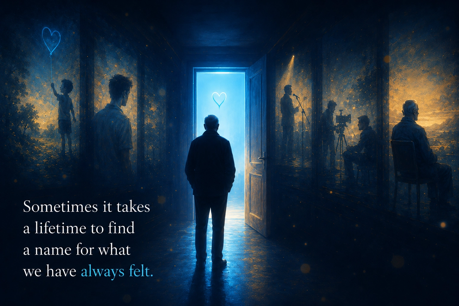 A figure standing in a dark hallway, looking towards an open door flooded with light, faint silhouettes and blue hearts around them