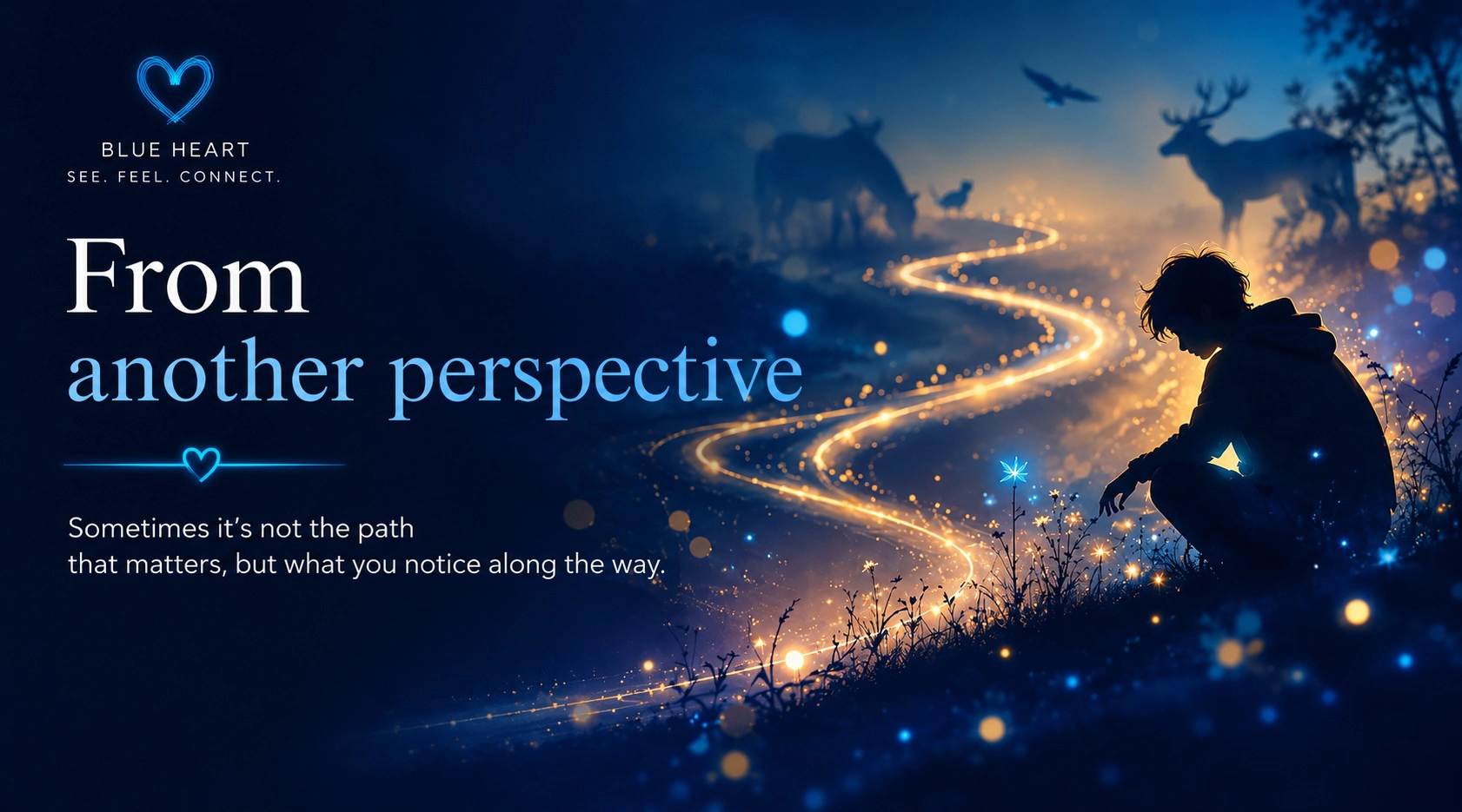 A winding blue-lit path in a forest with a watching figure and animal silhouettes in the background