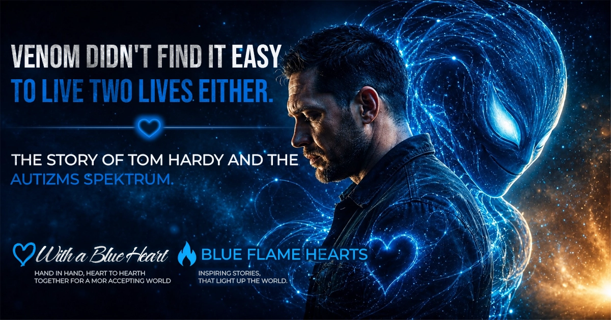 Cinematic digital illustration of Tom Hardy from the side. The background is deep blue and golden light, with a friendly figure made of blue energy visible behind him. The figure feels protective rather than threatening. Light rays and heart motifs in the image symbolise the autism spectrum, neurodiversity and self-acceptance.