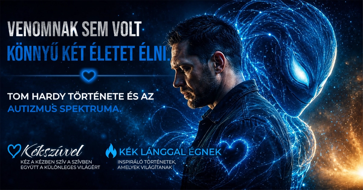 Filmes hangulatú digitális illusztráció Tom Hardyról oldalnézetből. A háttér mélykék és arany fényekből áll, mögötte egy barátságos, kék energiából formálódó alak látható. A figura védelmező jelenlétet sugall. A képen megjelenő fényvonalak és szív motívumok az autizmus spektrumát, a neurodiverzitást és az önelfogadást jelképezik.